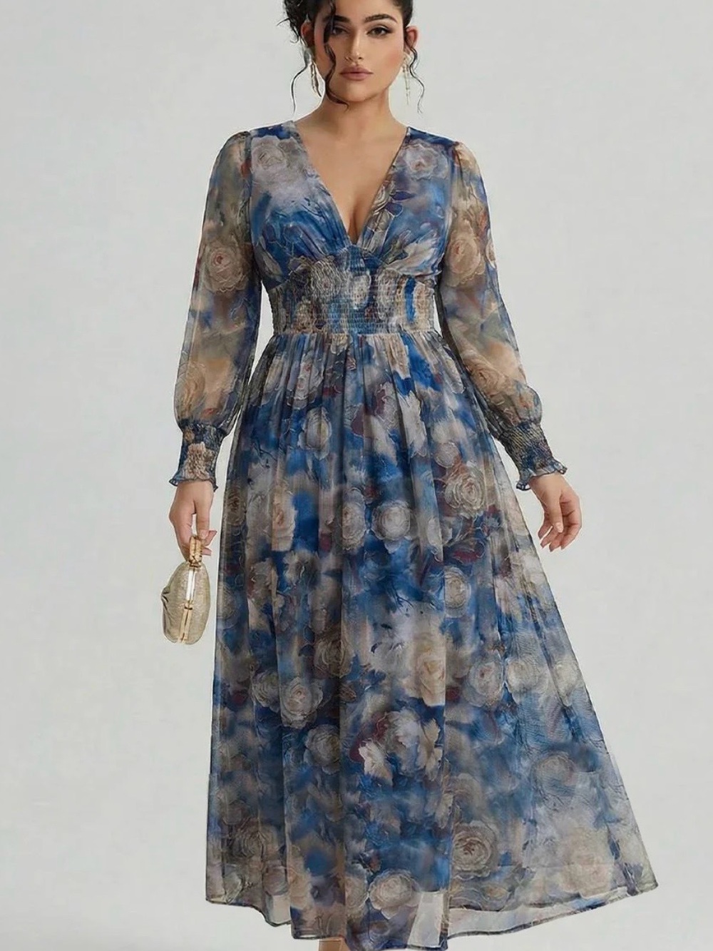 Blue Floral V-Neck Long Sleeve Maxi Dress